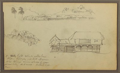 Tekening, Landschap, Boomtoppen, huis, 1857 door Frederic Edwin Church