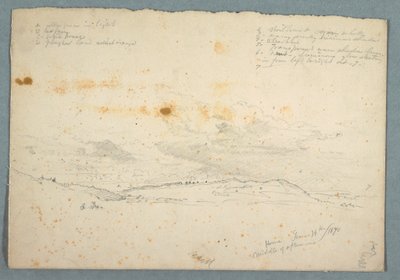 Tekening, Landschap in de Hudson-vallei; verso: Schets van kerk met boombeuken, 14 juni 1870 door Frederic Edwin Church