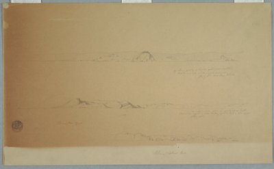 Tekening, Landschap bij Fogo eiland, Brimstone, Head, Change Island Rocks, 2 juli 1869 door Frederic Edwin Church