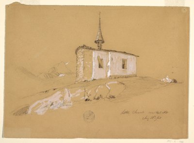 Tekening, "Kerkje bij Bel Arp", Berner Alpen, Zwitserland, 28 augustus 1868 door Frederic Edwin Church