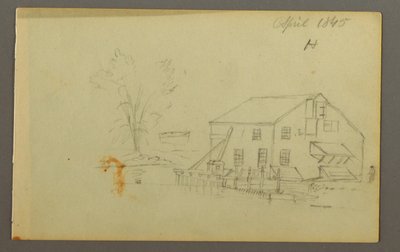 Tekening, Loftgebouw met werf naast een beek, 1845 door Frederic Edwin Church