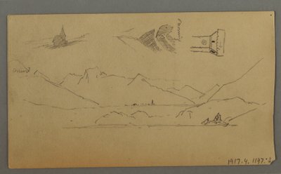 Tekening, Middeleeuws kasteel, twee torens, figuurstudies, bij Thun, mogelijk 1868 door Frederic Edwin Church