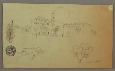 Tekening, Moskee en aangrenzende gebouwen, bomen, 4 april 1868 door Frederic Edwin Church