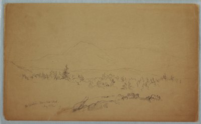 Tekening, "Mount Katahdin from the West" [Westwaarts kijkend naar Mount Katahdin], augustus 1852 door Frederic Edwin Church