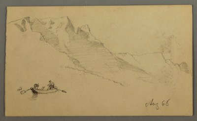 Tekening, Bergtoppen, twee figuren in een roeiboot, augustus 1868 door Frederic Edwin Church