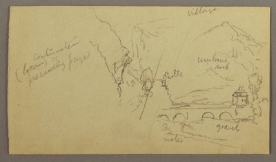 Tekening, Bergdal, Brug, Gebouwen, mogelijk 1868-69 door Frederic Edwin Church