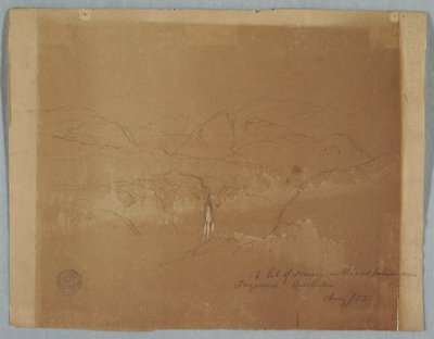 Tekening, Berglandschap met een waterval, bij Tuquerres, Colombia, augustus 1853 door Frederic Edwin Church