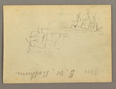 Tekening, naam geschreven, Zeilschepen, mogelijk 1868 door Frederic Edwin Church