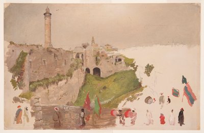 Tekening, Parade die de stad binnenkomt, Jaffa, begin maart 1868 door Frederic Edwin Church