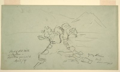 Tekening, deel oude muur in Paestum, olijfbomen groeien erop, april 1869 door Frederic Edwin Church