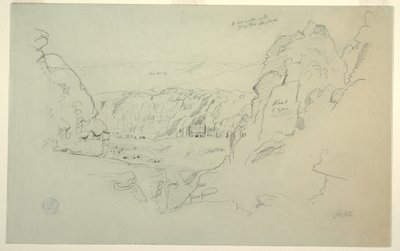 Tekening, Petra, Jordanië vanuit het westen, met het paleis en de Korinthische graftombes, 26 februari 1868 door Frederic Edwin Church