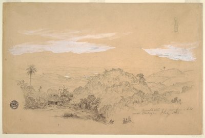 Tekening, Recollections of a View from a Hill near Cartago, Colombia with a Woman Carrying a Water Jar on Her Head, juli 1853 door Frederic Edwin Church