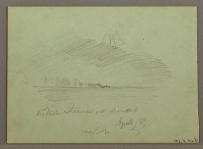 Tekening, Rotsen voor de kustlijn, Rotsachtige kliffen bij de kustlijn, april 1869 door Frederic Edwin Church