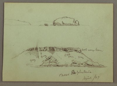 Tekening, Rotsen voor de kustlijn, Rotsachtige kliffen bij de kustlijn, april 1869 door Frederic Edwin Church