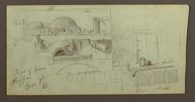 Tekening, daken met uitzicht op zee, deuropening van een huis, 7 maart 1868 door Frederic Edwin Church