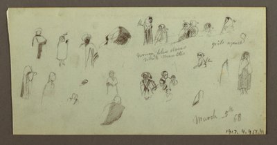Tekening, daken met uitzicht op zee, deuropening van een huis, 7 maart 1868 door Frederic Edwin Church