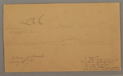 Tekening, Zeilschip, Bergachtige kust, Eilanden, 29 mei 1868 door Frederic Edwin Church