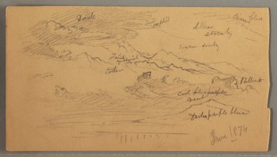 Tekening, Scherpe bergtoppen, bewolkte lucht, juni 1874 door Frederic Edwin Church