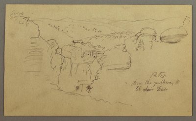 Tekening, Schets. Gezicht op Khirbet en Wasara "Petra / vanaf de weg naar / El Deir", mogelijk 1868, 26 februari door Frederic Edwin Church