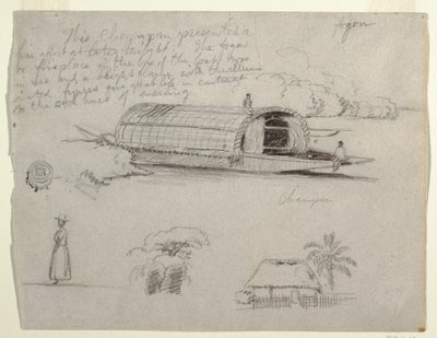 Schetsen uit Colombia - Rivierboot (Champan), een vrouw, groep bomen, een huis door Frederic Edwin Church
