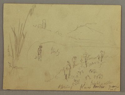 Tekening, Schetsen uit Italië: Gebouw met toren, berg en mens, 29 april 1869 door Frederic Edwin Church