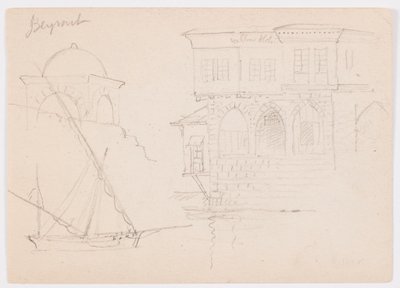 Tekening, Schetsen van een koepelstructuur, schip en statig huis, januari 1868 door Frederic Edwin Church
