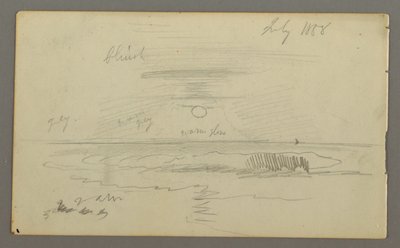 Tekening, Lucht met laagstaande zon boven water, juli 1858 door Frederic Edwin Church