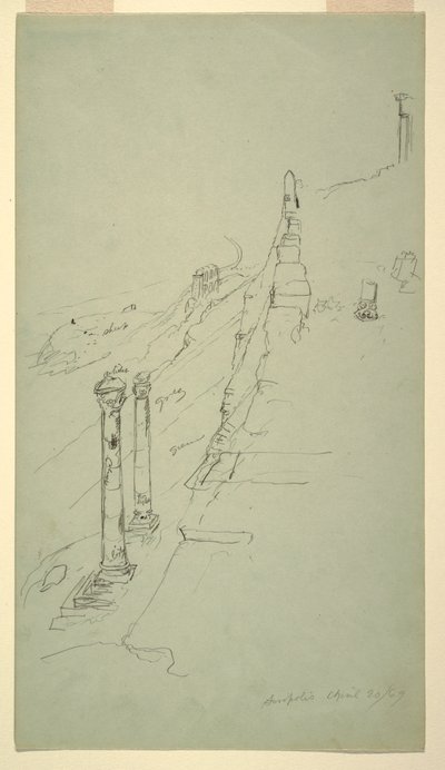 Tekening, zuidzijde van de Akropolis, Athene vanuit het oosten, 20 april 1869 door Frederic Edwin Church