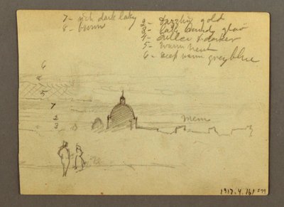 Tekening, Sint-Pietersbasiliek en Vaticaanstad (gezien vanuit het noorden), Rome, Italië, januari 1869 door Frederic Edwin Church