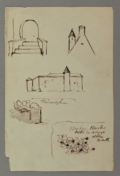 Tekening, Trappen, Dak met toren, Stenen muur, mogelijk 1869 door Frederic Edwin Church