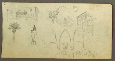 Tekening, Statig huis, figuur rijdt, kameel, architectuurstudies, palmboom, mogelijk 1868 door Frederic Edwin Church