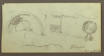 Tekening, stenen gebouw, mannen verzameld op het dak, 17 februari, mogelijk 1868 door Frederic Edwin Church