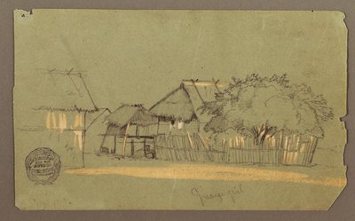 Tekening, Straat met huizen, Guayaquil, Ecuador, mei 1857 door Frederic Edwin Church