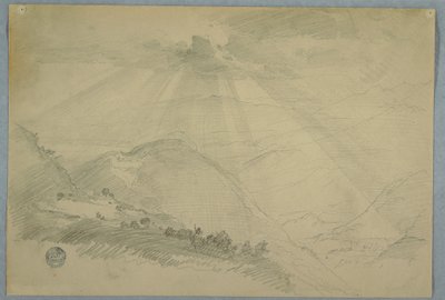 Tekening, Zon schijnt door wolken boven een bergvallei, Jamaica, juli 1865 door Frederic Edwin Church