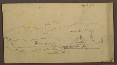 Tekening, Zonsondergang boven oever met schip, 1858 door Frederic Edwin Church