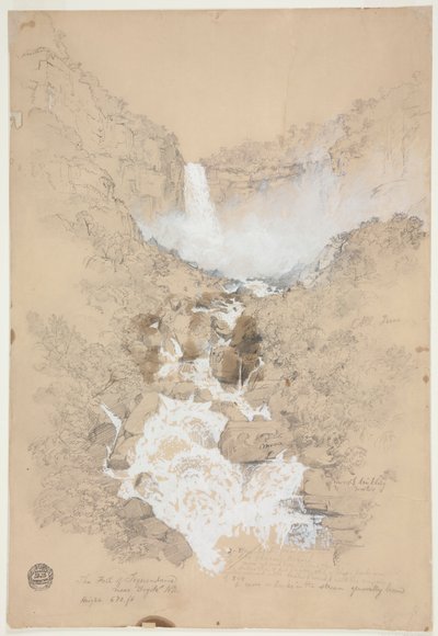 Tekening, Tequendama watervallen bij Bogotá, Colombia, juli 1853 door Frederic Edwin Church
