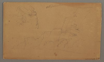 Tekening, Houten huis, twee zeilboten, dakstudies, mogelijk 1868 door Frederic Edwin Church