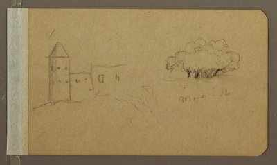 Tekening, Toren, Bomen, maart 1862 door Frederic Edwin Church