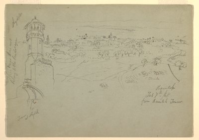 Tekening, Toren bij Lydda en Ramleh gezien vanaf Ramleh Tower, Palestina [Ramleh, Israël], 7 en 10 februari 1868 door Frederic Edwin Church