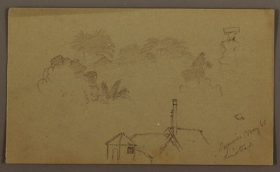 Tekening, bomen, figuur, huis Linstead, mei 1865 door Frederic Edwin Church