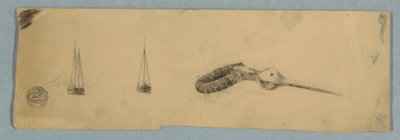 Tekening, Tweemastschip voor anker en de schacht van een apparaat, 1850-51 door Frederic Edwin Church
