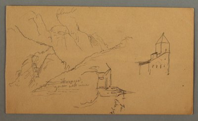 Tekening, Twee kerken, vallei, waterval, 1868 door Frederic Edwin Church