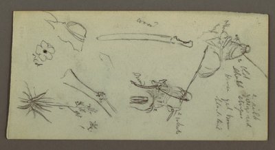 Tekening, Twee figuren rijdend op paarden, met speren, zwaard, onderste deel van een geweer, etc., mogelijk 1868 door Frederic Edwin Church