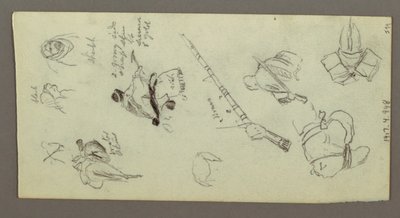 Tekening, Twee figuren rijdend op paarden, met speren, zwaard, onderste deel van een geweer, etc., mogelijk 1868 door Frederic Edwin Church