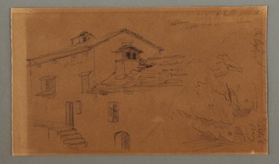 Tekening, Twee huizen, Rots, mogelijk 1868 door Frederic Edwin Church