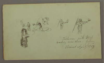 Tekening, Twee studies van vissers met hengels en fakkels, april 1868 door Frederic Edwin Church
