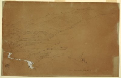 Tekening, Vallei met een stroompje en huizen, bij Guaranda, Ecuador, 4 juni 1857 door Frederic Edwin Church