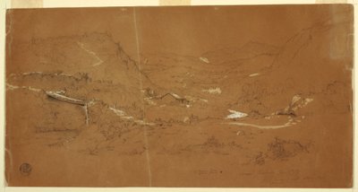 Tekening, Vallei met een brug en huizen, bij Guaranda, Ecuador, 5 juni 1857 door Frederic Edwin Church