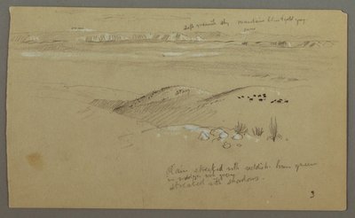 Tekening, Uitzicht over de heuvels en vlakte naar de bergen, Vallei van El Yemen, februari 1868 door Frederic Edwin Church