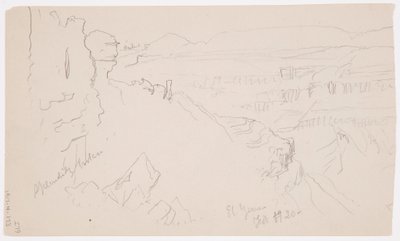 Tekening, Uitzicht over de heuvels en vlakte naar de bergen, Vallei van El Yemen, februari 1868 door Frederic Edwin Church
